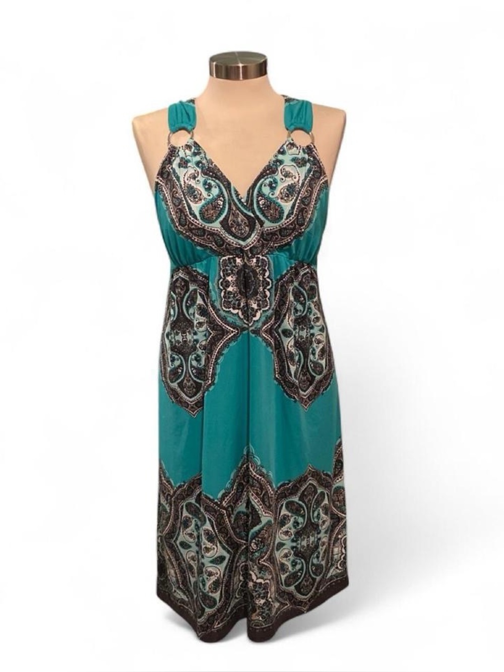 I.N.C Green Paisley V-Neck Midi Dress With O ring Straps